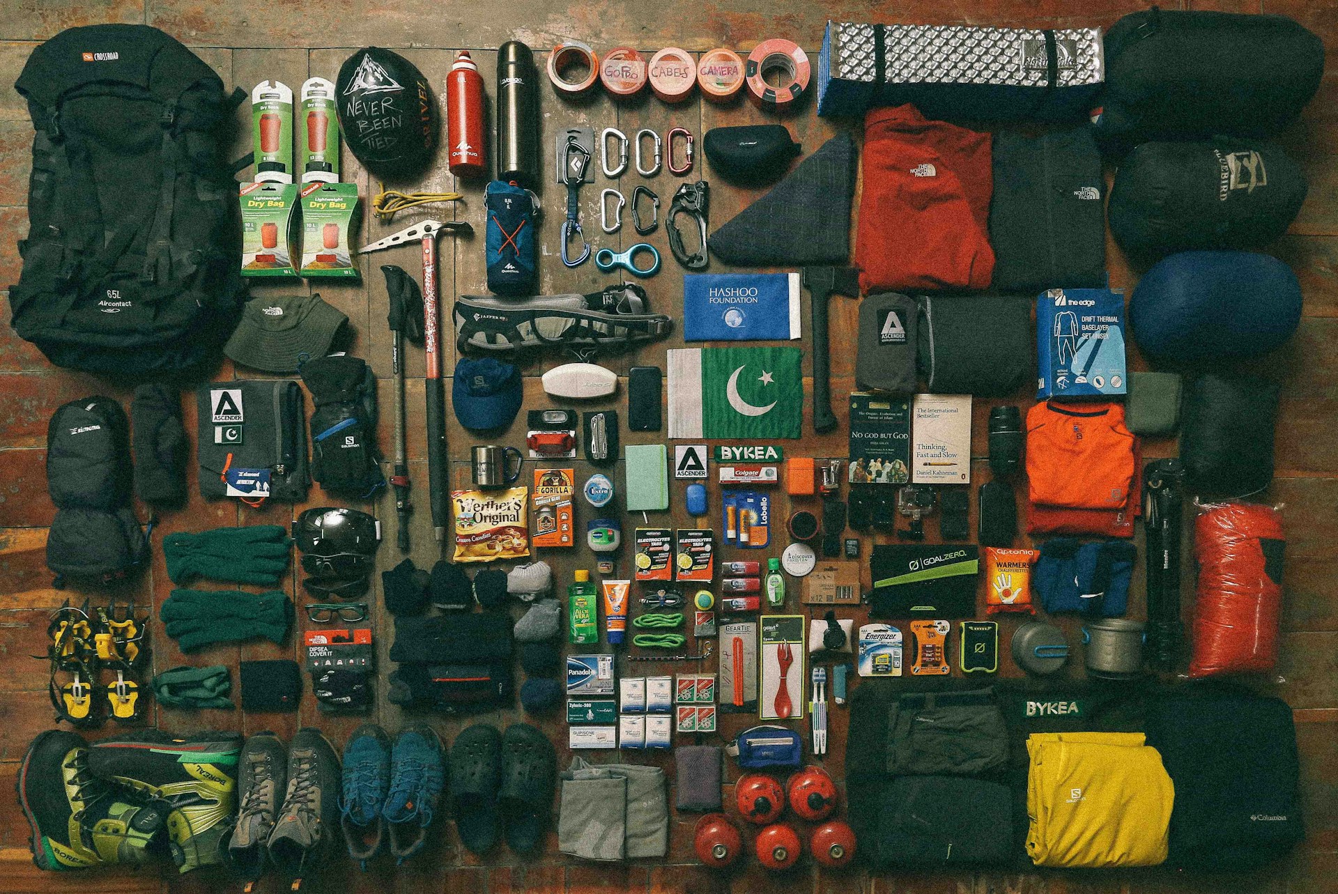 Emergency survival gear and supplies laid out flat